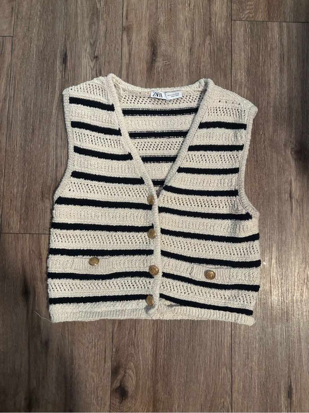 Zara Cream and Black Striped Crochet Button Vest